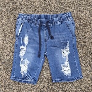 Blue Distressed Denim Shorts with Elastic Waist